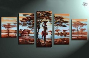 (image for) African Tribe House and Beauty Modern Abstract Oil Painting - Click Image to Close