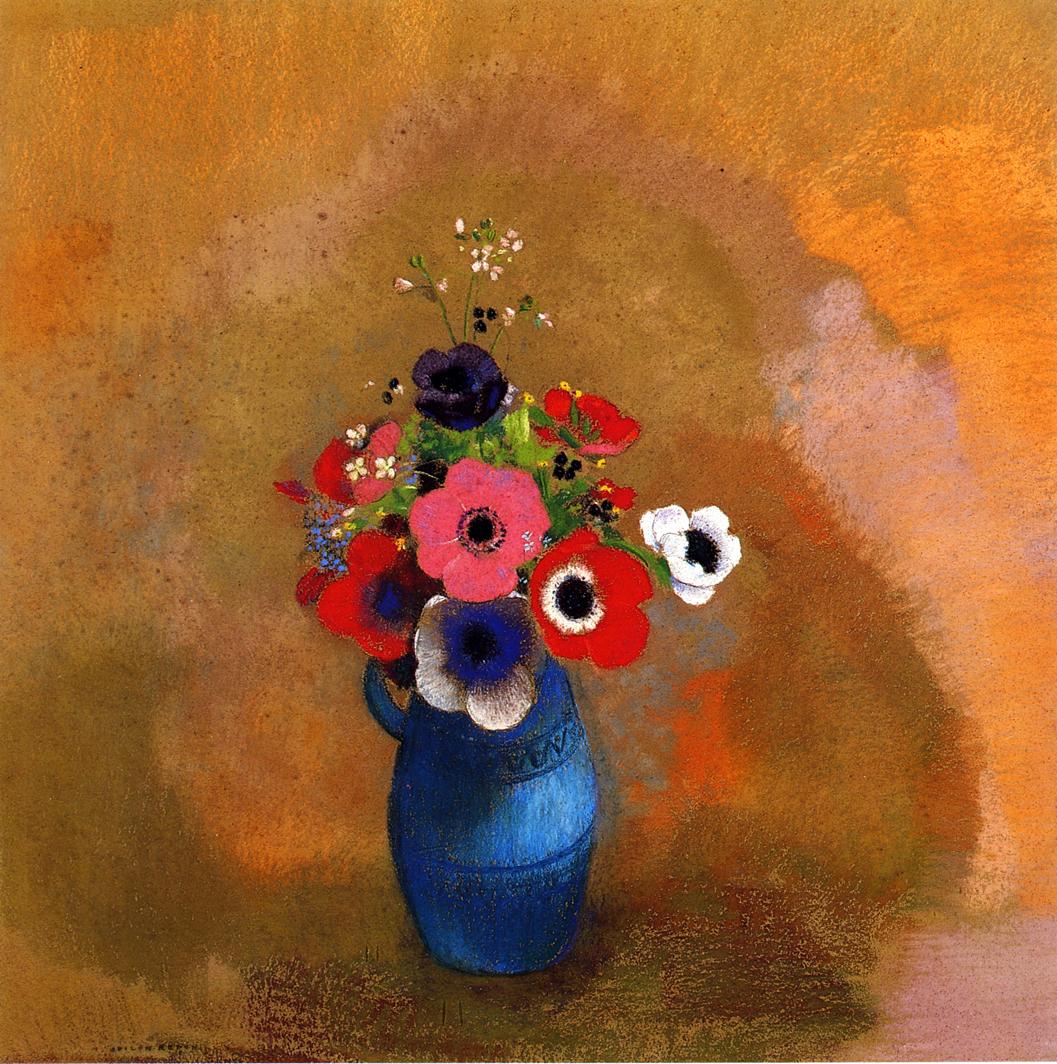 (image for) Handmade oil painting Copy paintings of famous artists Odilon Redon's art Anemonies in a Blue Vase