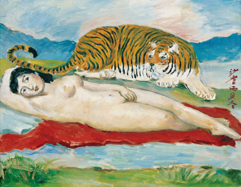 (image for) Handmade oil painting Copy paintings of famous artists Sadji Sha Qi paintings nude girl tiger - Click Image to Close