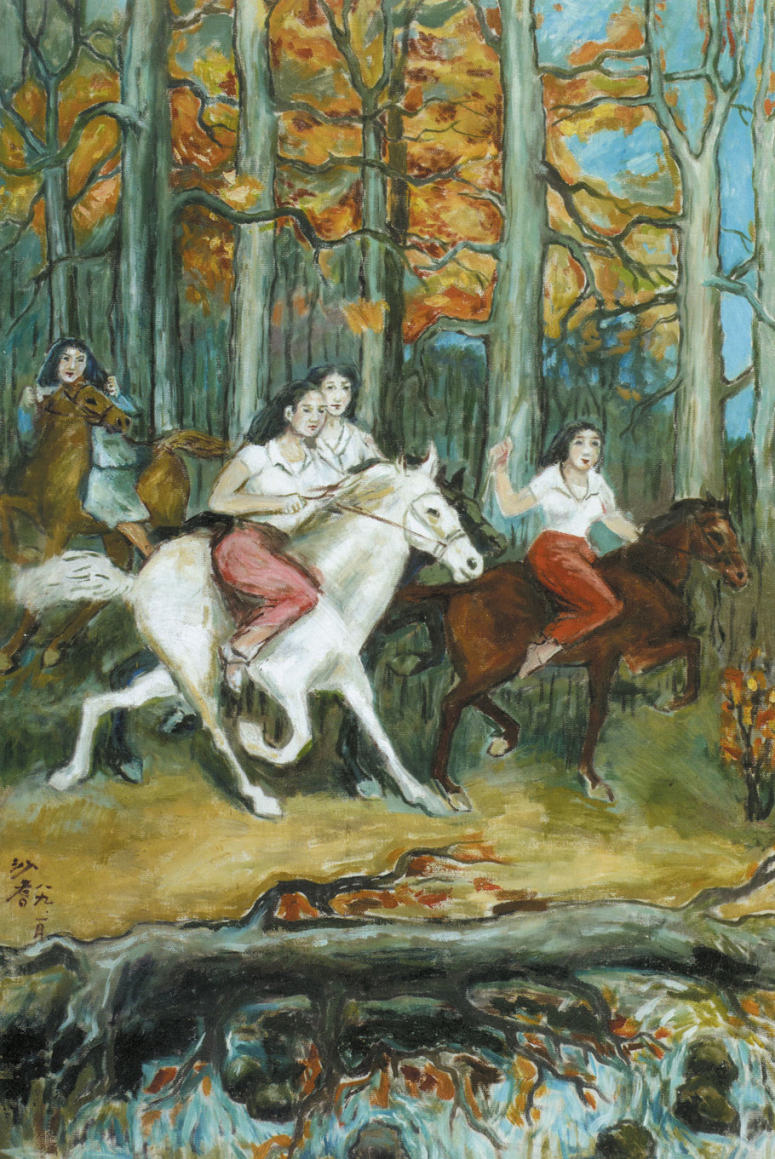 (image for) Handmade oil painting Copy paintings of famous artists Sadji Sha Qi paintings girls on horse - Click Image to Close