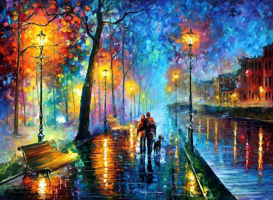 (image for) Knife oil painting on canvas The streets at night