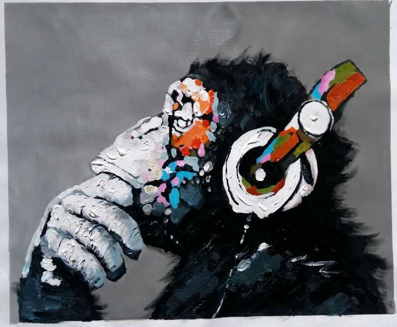 (image for) Knife painting on canvas Chimpanzees with headphones