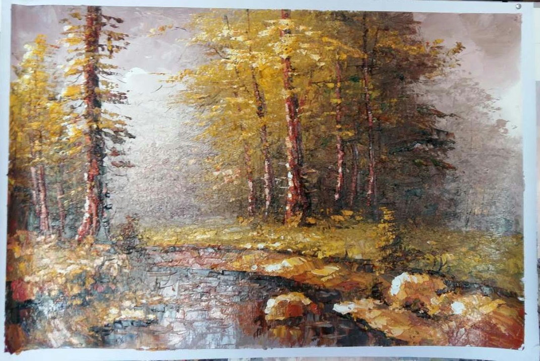 (image for) Knife painting on canvas Landscape-tree and rivulet