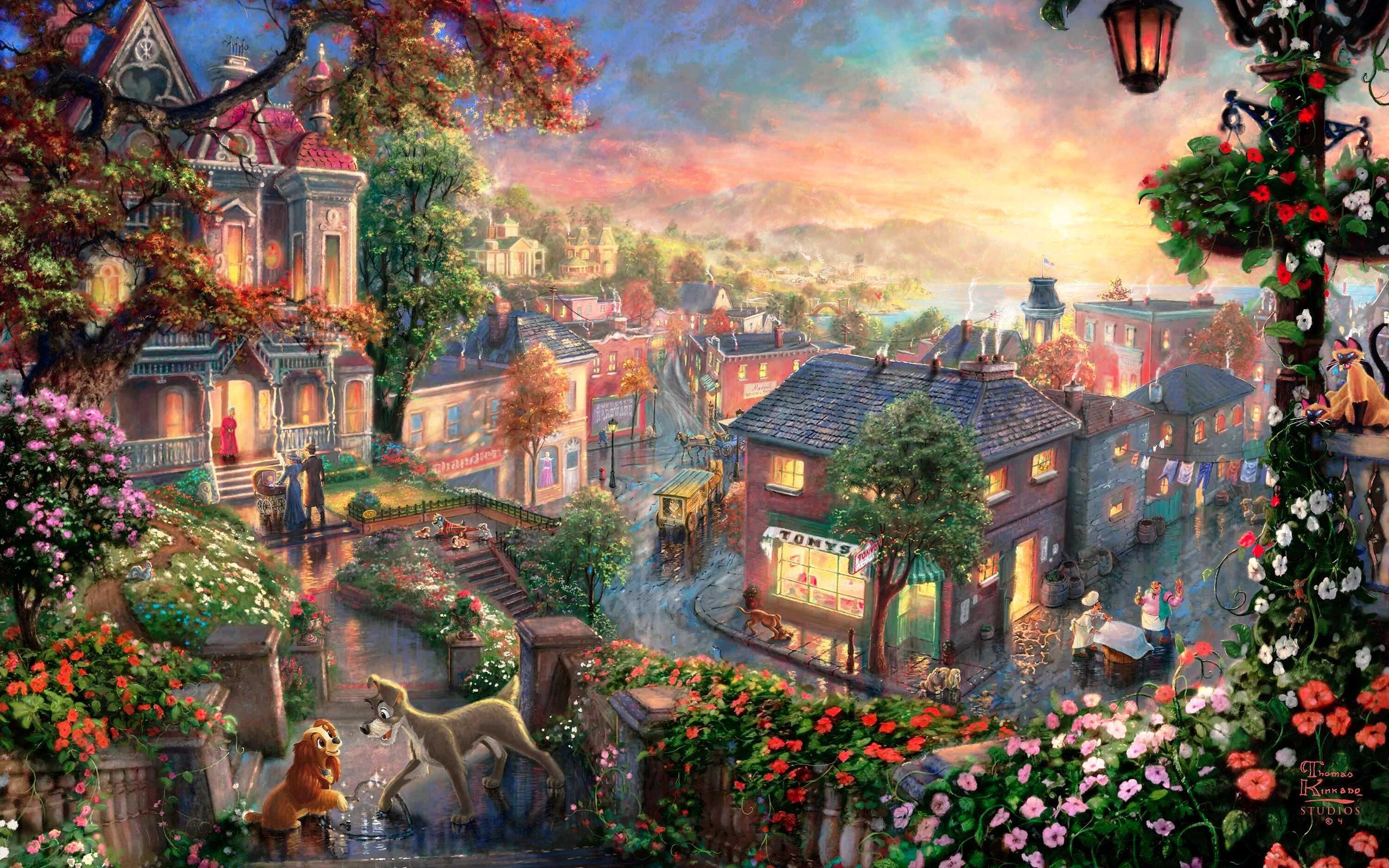 (image for) Thomas Kinkade Lady and the Tramp Handmade oil painting Copy paintings of famous artists paintings - Click Image to Close