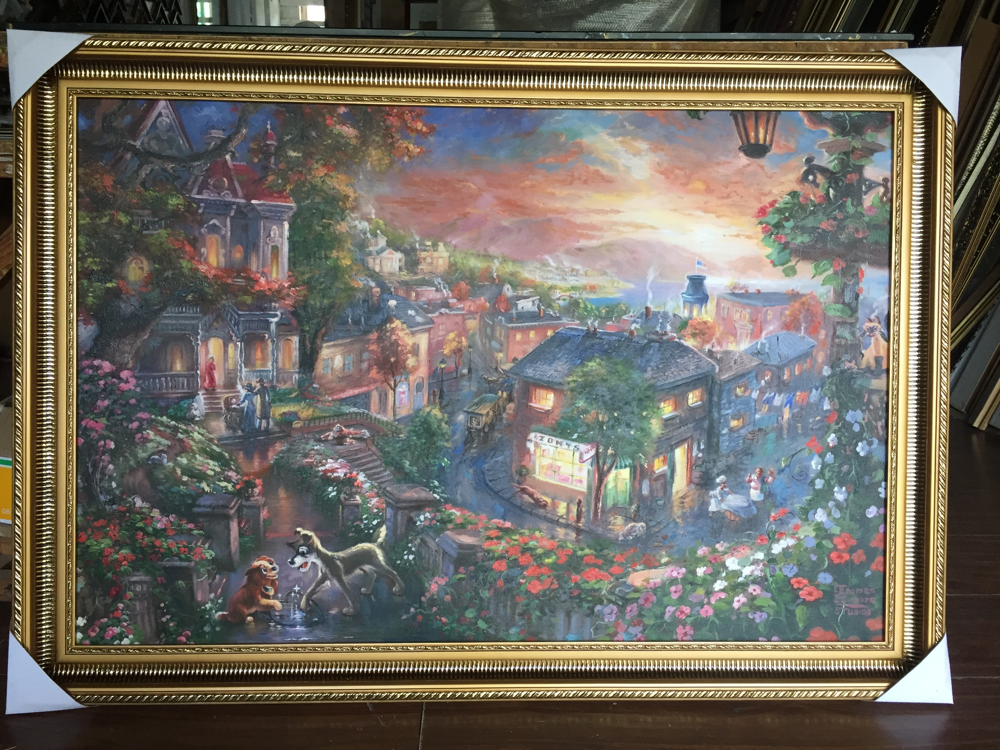 (image for) Framed paintings Reproductions Thomas Kinkade Lady and the Tramp - Click Image to Close