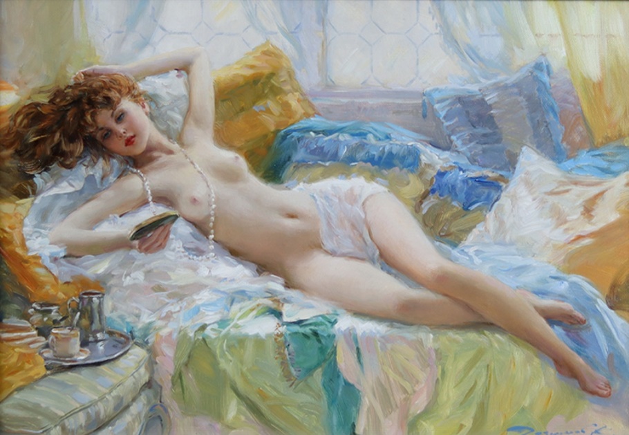 (image for) Oil painting framed canvas for living room, reproductions oil painting on canvas, Elegant Reclining Nude wearing Pearls