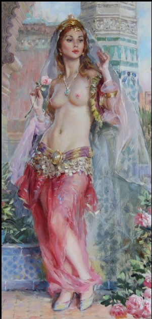 (image for) Oil painting framed canvas for living room, reproductions oil painting on canvas, Semi-Nude Lady in the Courtyard of the Harem