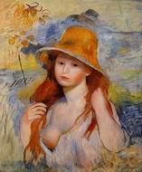 (image for) Handmade Oil painting for home canvas, oil painting framed canvas for living room Young Woman in a Straw Hat 1884