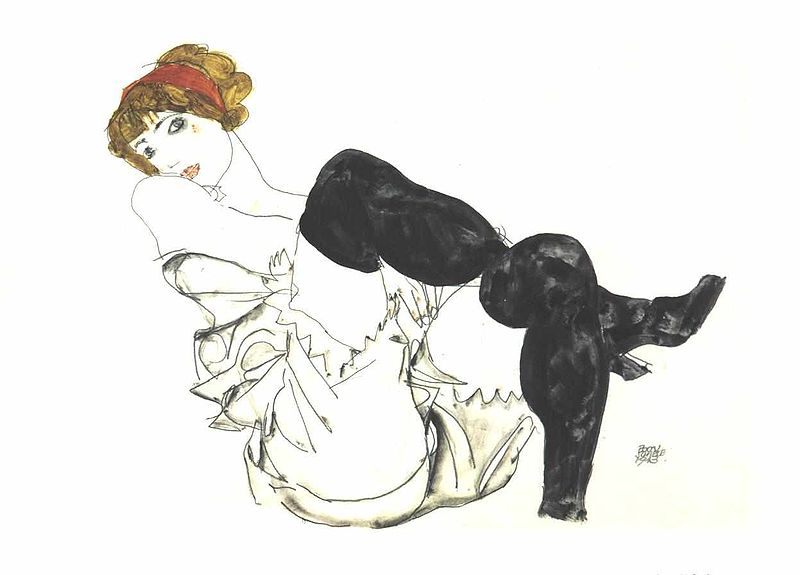 Reproduction Schiele's art Valerie Neuzil in black stockings