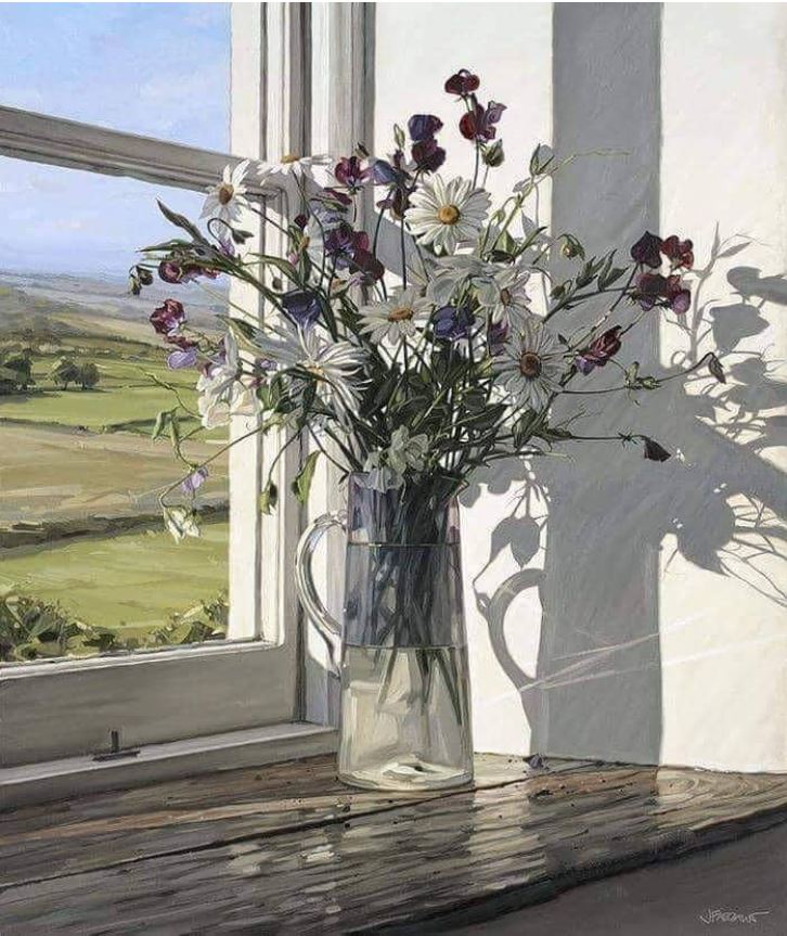 (image for) Classical flower reproduction oil painting Sweet Peas and Daisie - Click Image to Close