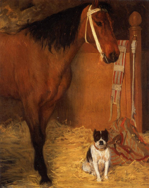 (image for) Handmade oil painting Copy paintings of famous artists At the Stables Horse and Dog 1862 - Click Image to Close