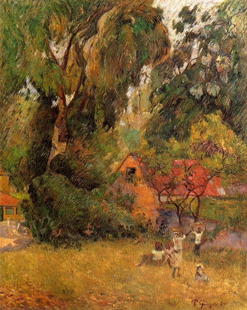 (image for) Handmade Oil painting for home canvas, oil painting framed canvas for living room Paul Gauguin paintings Huts under the Trees 1887 - Click Image to Close