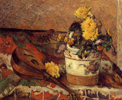 (image for) Handmade Oil painting for home canvas, oil painting framed canvas for living room Paul Gauguin paintings Dahlias and Mandolin 1883 - Click Image to Close