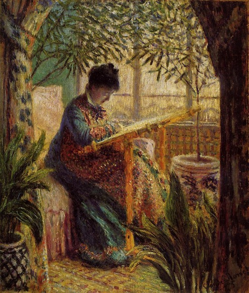 (image for) Handmade oil painting Copy paintings of famous artists Claude Oscar Monet painting Camille Embroidering - Click Image to Close