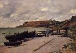 (image for) Handmade Oil painting for home canvas, oil painting framed canvas for living room Sainte-Adresse Fishing Boats on the Shore 1867