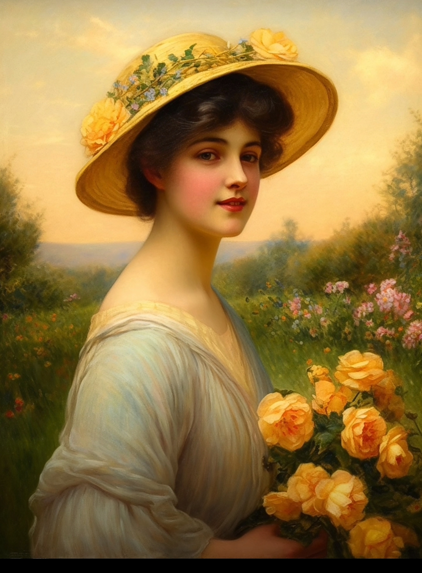 (image for) Eternal Sunshine Beauty Young Lady With hat holding flowers Fashion Model oil Painting on canvas Handmade paintings of famous artists for sale, High quality art reproductions